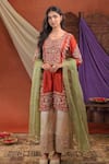Buy_Farha Syed_Red Silk, Organza Embroidery, Zari, Sequins Kurta And Pant Set _at_Aza_Fashions