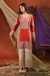 Shop_Farha Syed_Red Silk, Organza Embroidery, Zari, Sequins Kurta And Pant Set _Online_at_Aza_Fashions
