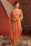 Shop_Farha Syed_Orange Chanderi Silk, Organza Embroidery, Zari V-neck Tissue Kurta Sharara Set _Online_at_Aza_Fashions