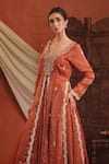 Shop_Farha Syed_Rust Chanderi Silk, Organza Embroidery, Sequins, Zari, Gota Kurta And Skirt Set _Online_at_Aza_Fashions