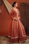 Farha Syed_Rust Chanderi Silk, Organza Embroidery, Sequins, Zari, Gota Kurta And Skirt Set _at_Aza_Fashions