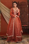 Buy_Farha Syed_Rust Chanderi Silk, Organza Embroidery, Sequins, Zari, Gota Kurta And Skirt Set _at_Aza_Fashions