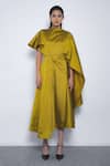 Buy_Leh Studios_Mustard Viscose, Polyester High Neck Velo Draped Asymmetrical Dress _at_Aza_Fashions