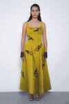 Buy_Leh Studios_Mustard Viscose, Polyester Embroidery Square Neck Kaika Floral Dress _at_Aza_Fashions