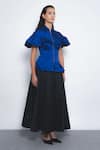 Shop_Leh Studios_Blue Viscose, Polyester Collared Cumulus Ruffled Peplum Top _Online_at_Aza_Fashions