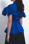 Leh Studios_Blue Viscose, Polyester Collared Cumulus Ruffled Peplum Top _at_Aza_Fashions