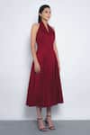 Buy Leh Studios Red Cotton Halter Neck, V-neck, Collared Vita Pleated Midi Dress Online at Aza Fashions Buy_Leh Studios_Red Cotton Halter Neck, V-neck, Collared Vita Pleated Midi Dress _Online_at_Aza_Fashions