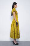 Leh Studios_Mustard Viscose, Polyester Embroidery V-neck, Collared Oka Midi Dress _Online_at_Aza_Fashions