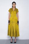 Buy_Leh Studios_Mustard Viscose, Polyester Embroidery V-neck, Collared Oka Midi Dress _at_Aza_Fashions