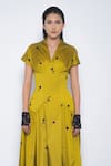 Buy_Leh Studios_Mustard Viscose, Polyester Embroidery V-neck, Collared Oka Midi Dress _Online_at_Aza_Fashions