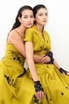 Leh Studios_Mustard Viscose, Polyester Embroidery V-neck, Collared Oka Midi Dress _at_Aza_Fashions