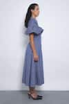 Leh Studios_Blue Viscose, Polyester Collared, V-neck Cumulus Ruffled Shoulder Dress _Online_at_Aza_Fashions