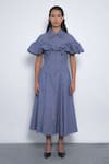 Buy_Leh Studios_Blue Viscose, Polyester Collared, V-neck Cumulus Ruffled Shoulder Dress _at_Aza_Fashions