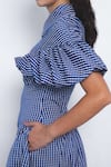 Leh Studios_Blue Viscose, Polyester Collared, V-neck Cumulus Ruffled Shoulder Dress _at_Aza_Fashions