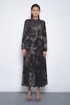 Buy_Leh Studios_Black Viscose Mandarin Collar Silva Printed Dress _at_Aza_Fashions