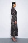 Leh Studios_Black Viscose Mandarin Collar Silva Printed Dress _Online_at_Aza_Fashions