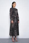 Shop_Leh Studios_Black Viscose Mandarin Collar Silva Printed Dress _Online_at_Aza_Fashions