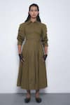 Buy_Leh Studios_Olive Green Cotton Collared, Button-down Neck Oribu Shirt Dress _at_Aza_Fashions