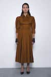 Buy_Leh Studios_Brown Cotton Collared, V-neck Kiku Puff Sleeve Dress _at_Aza_Fashions