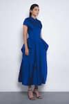 Buy_Leh Studios_Blue Viscose, Polyester V-neck Alae Draped And Peplum Waist Dress _Online_at_Aza_Fashions