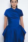 Leh Studios_Blue Viscose, Polyester V-neck Alae Draped And Peplum Waist Dress _at_Aza_Fashions