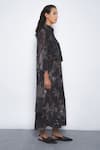 Leh Studios_Black Viscose, Polyester Collared Manto Printed Cape Dress  _Online_at_Aza_Fashions
