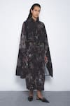 Buy_Leh Studios_Black Viscose, Polyester Collared Manto Printed Cape Dress  _at_Aza_Fashions