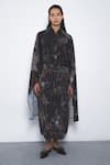 Shop_Leh Studios_Black Viscose, Polyester Collared Manto Printed Cape Dress  _Online_at_Aza_Fashions