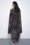 Shop_Leh Studios_Black Viscose, Polyester Collared Manto Printed Cape Dress  _at_Aza_Fashions