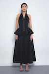 Buy_Leh Studios_Black Viscose, Polyester Halter Neck, Vita Peplum Zip Up Top _at_Aza_Fashions