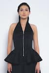 Shop_Leh Studios_Black Viscose, Polyester Halter Neck, Vita Peplum Zip Up Top _Online_at_Aza_Fashions