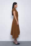 Buy_Leh Studios_Brown Cotton High Neck Rigzar Draped Asymmetrical Hem Dress _Online_at_Aza_Fashions