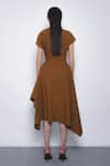 Shop_Leh Studios_Brown Cotton High Neck Rigzar Draped Asymmetrical Hem Dress _at_Aza_Fashions