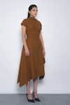 Shop_Leh Studios_Brown Cotton High Neck Rigzar Draped Asymmetrical Hem Dress _Online_at_Aza_Fashions