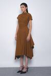 Leh Studios_Brown Cotton High Neck Rigzar Draped Asymmetrical Hem Dress _at_Aza_Fashions