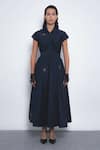 Buy_Leh Studios_Navy Viscose, Polyester Beads Collared, Yume Embroidered Fit And Flare Dress _at_Aza_Fashions