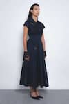 Leh Studios_Navy Viscose, Polyester Beads Collared, Yume Embroidered Fit And Flare Dress _Online_at_Aza_Fashions