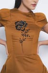 Shop_Leh Studios_Brown Cotton Embroidery, Beads Round Neck Hana Floral Puff Sleeve Dress _Online_at_Aza_Fashions