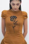Leh Studios_Brown Cotton Embroidery, Beads Round Neck Hana Floral Puff Sleeve Dress _at_Aza_Fashions