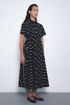 Leh Studios_Black Cotton Collared, V-neck Sol Parka Striped Dress _at_Aza_Fashions