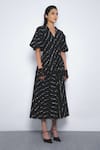 Leh Studios_Black Cotton V-neck Thalia Printed Puff Sleeve Dress _Online_at_Aza_Fashions