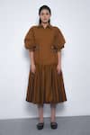 Buy_Leh Studios_Brown Cotton Buckles Collared Kiho Dress _at_Aza_Fashions