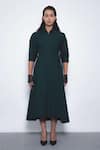 Buy Leh Studios Emerald Green Cotton Collared, V-neck Olivette Puff Sleeve A-line Dress at Aza Fashions Buy_Leh Studios_Emerald Green Cotton Collared, V-neck Olivette Puff Sleeve A-line Dress _at_Aza_Fashions