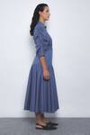 Leh Studios_Blue Viscose, Polyester Collared, V-neck Douce Checkered Puff Sleeve Shirt Dress _Online_at_Aza_Fashions