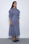 Buy_Leh Studios_Blue Viscose, Polyester Collared, V-neck Douce Checkered Puff Sleeve Shirt Dress _Online_at_Aza_Fashions