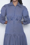 Shop_Leh Studios_Blue Viscose, Polyester Collared, V-neck Douce Checkered Puff Sleeve Shirt Dress _Online_at_Aza_Fashions