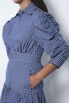 Leh Studios_Blue Viscose, Polyester Collared, V-neck Douce Checkered Puff Sleeve Shirt Dress _at_Aza_Fashions