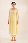 Buy_Tatwa_Yellow Chanderi, Cotton Embroidery, Lace V-neck Nyraa Gathered Kurta And Pant Set _Online_at_Aza_Fashions