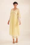 Shop_Tatwa_Yellow Chanderi, Cotton Embroidery, Lace V-neck Nyraa Gathered Kurta And Pant Set _Online_at_Aza_Fashions