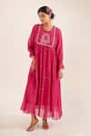 Buy_Tatwa_Pink Chanderi Embroidery, Sequins Round Neck Victoran Sparrow Kurta _at_Aza_Fashions